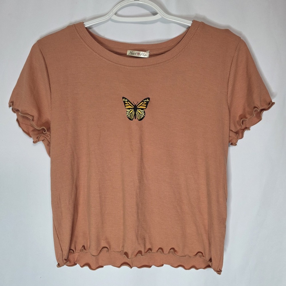 Heart & Hips Ribbed Butterfly Crop Top Women's‎ Small Fairycore Y2K Lettuce Edge